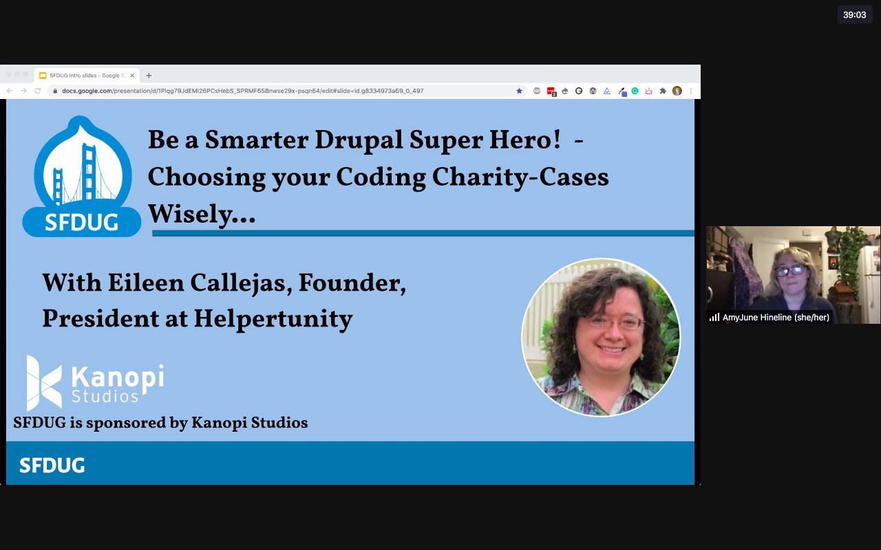 Screen shot from a Zoom Session with SFDUG about Drupal